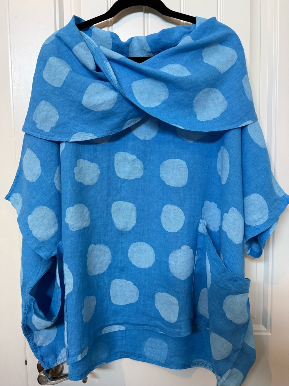Bella Amore Blue Polka Dot 100% Linen Tunic w/Oversized Collar L/XL made Italy